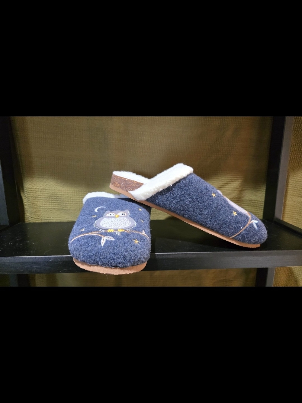 Adult Navy Owl Slip-On Slippers with Faux Fur Lining